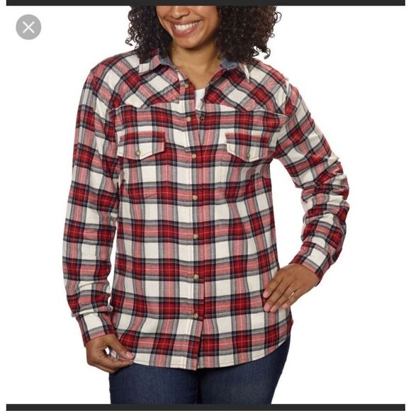Jachs Girlfriend Bae womens maroon white plaid button down collar flannel shirt - Picture 1 of 10